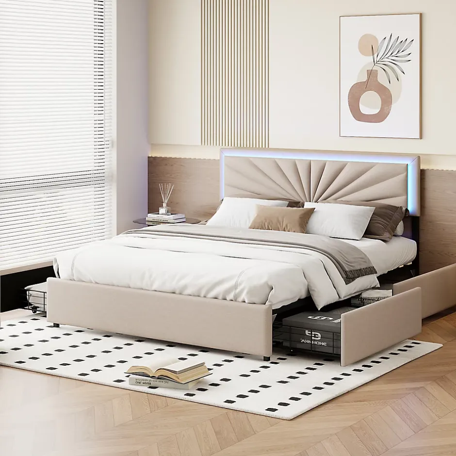 Simple Life Lit 160x200 cm avec 4 tiroirs de rangement, tête de lit avec éclairage LED, revêtement en tissu beige, Lit coffre moderne Clearance