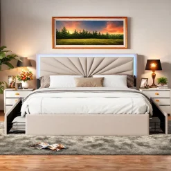 Simple Life Lit 160x200 cm avec 4 tiroirs de rangement, tête de lit avec éclairage LED, revêtement en tissu beige, Lit coffre moderne Clearance