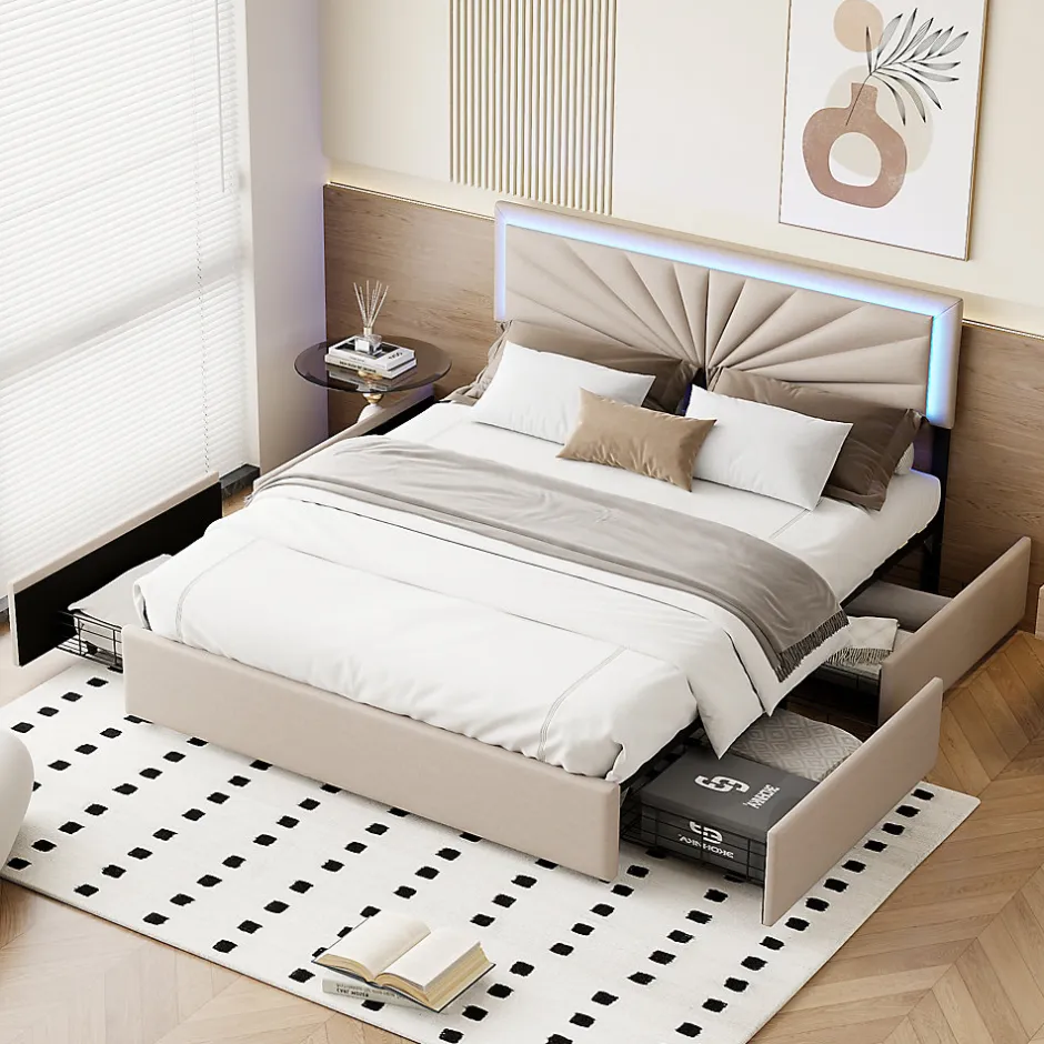 ProximaX Lit 160x200 cm avec 4 tiroirs de rangement, tête de lit avec éclairage LED, revêtement en tissu beige,Lit coffre moderne