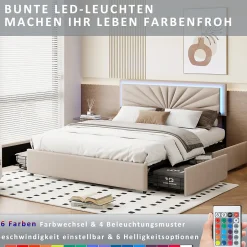 ProximaX Lit 160x200 cm avec 4 tiroirs de rangement, tête de lit avec éclairage LED, revêtement en tissu beige,Lit coffre moderne