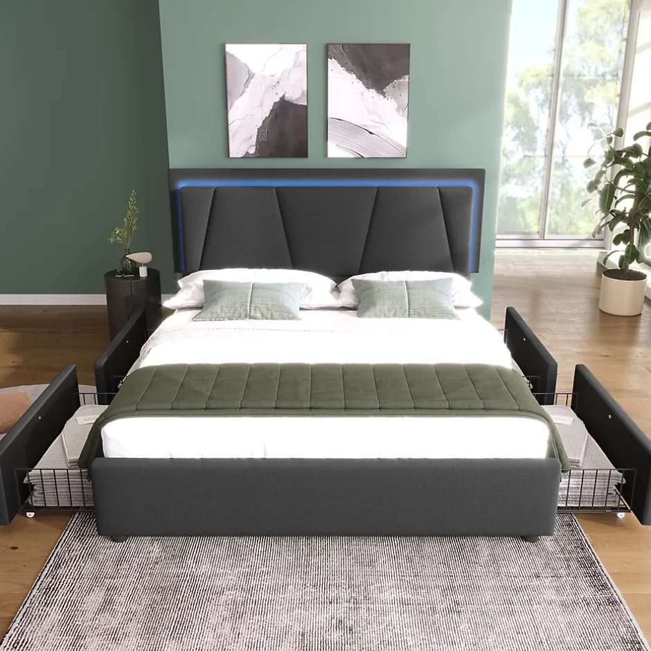 Redom Lit 140x200 cm avec 4 tiroirs et tête de lit réglable 10 cm, LED télécommandée, structure métal et tissu gris Outlet