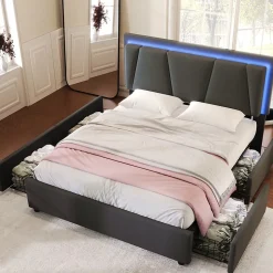 Redom Lit 140x200 cm avec 4 tiroirs et tête de lit réglable 10 cm, LED télécommandée, structure métal et tissu gris Outlet