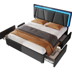 Redom Lit 140x200 cm avec 4 tiroirs et tête de lit réglable 10 cm, LED télécommandée, structure métal et tissu gris Outlet