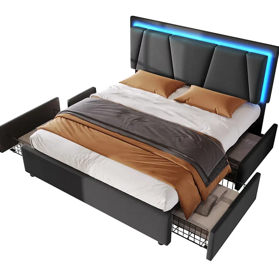 Redom Lit 140x200 cm avec 4 tiroirs et tête de lit réglable 10 cm, LED télécommandée, structure métal et tissu gris Outlet