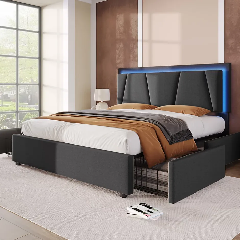 Redom Lit 140x200 cm avec 4 tiroirs et tête de lit réglable 10 cm, LED télécommandée, structure métal et tissu gris Outlet