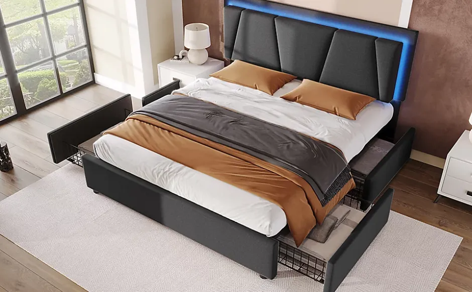 Redom Lit 140x200 cm avec 4 tiroirs et tête de lit réglable 10 cm, LED télécommandée, structure métal et tissu gris Outlet