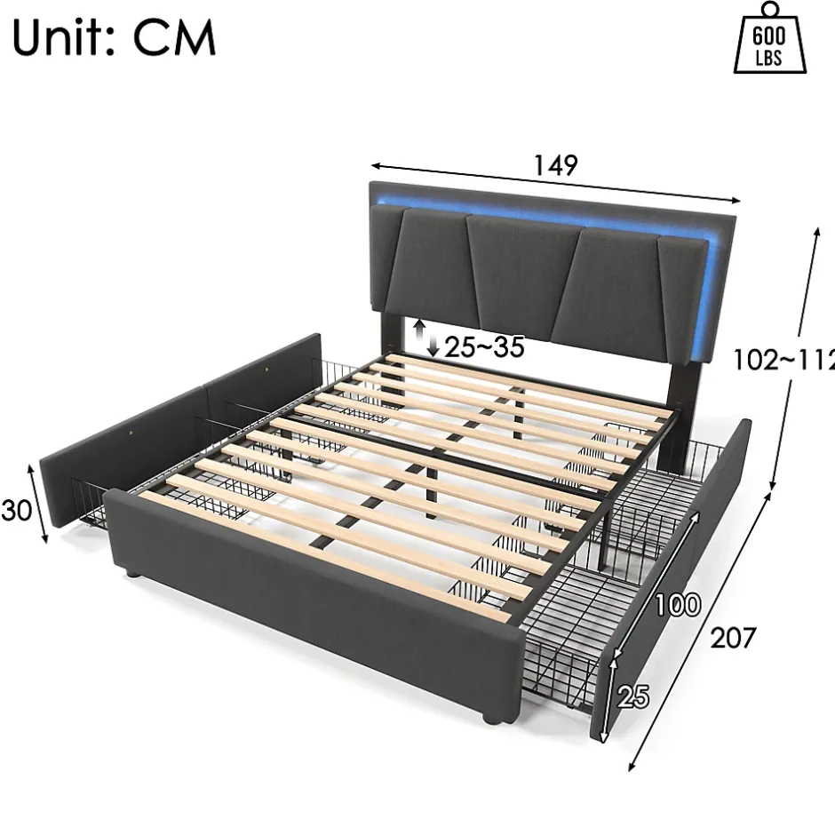 Redom Lit 140x200 cm avec 4 tiroirs et tête de lit réglable 10 cm, LED télécommandée, structure métal et tissu gris Outlet