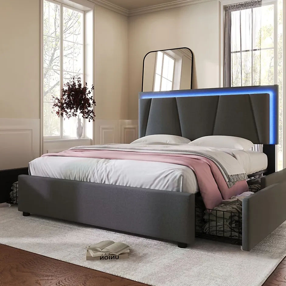 Redom Lit 140x200 cm avec 4 tiroirs et tête de lit réglable 10 cm, LED télécommandée, structure métal et tissu gris Outlet