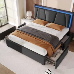 Redom Lit 140x200 cm avec 4 tiroirs et tête de lit réglable 10 cm, LED télécommandée, structure métal et tissu gris Outlet