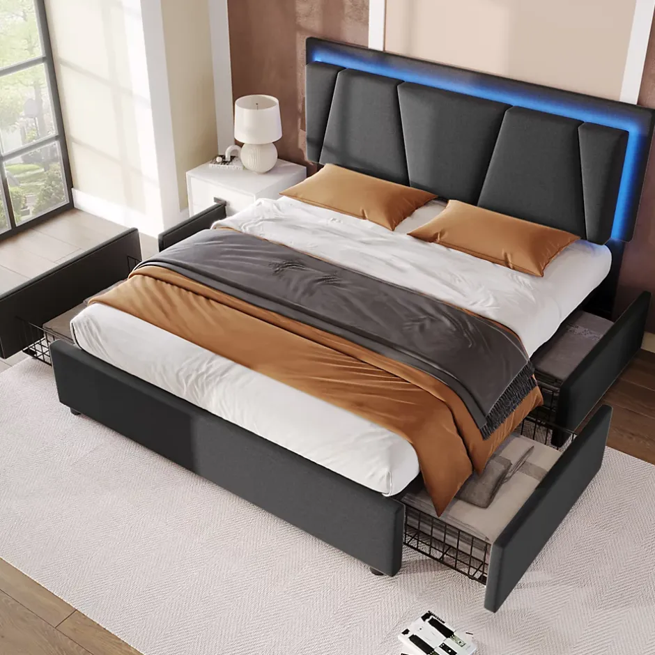 Redom Lit 140x200 cm avec 4 tiroirs et tête de lit réglable 10 cm, LED télécommandée, structure métal et tissu gris Outlet
