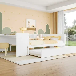 Redom Lit 140x200 cm avec bureau intégré et lit gigogne, structure pin blanc et 3 étagères fonctionnelles