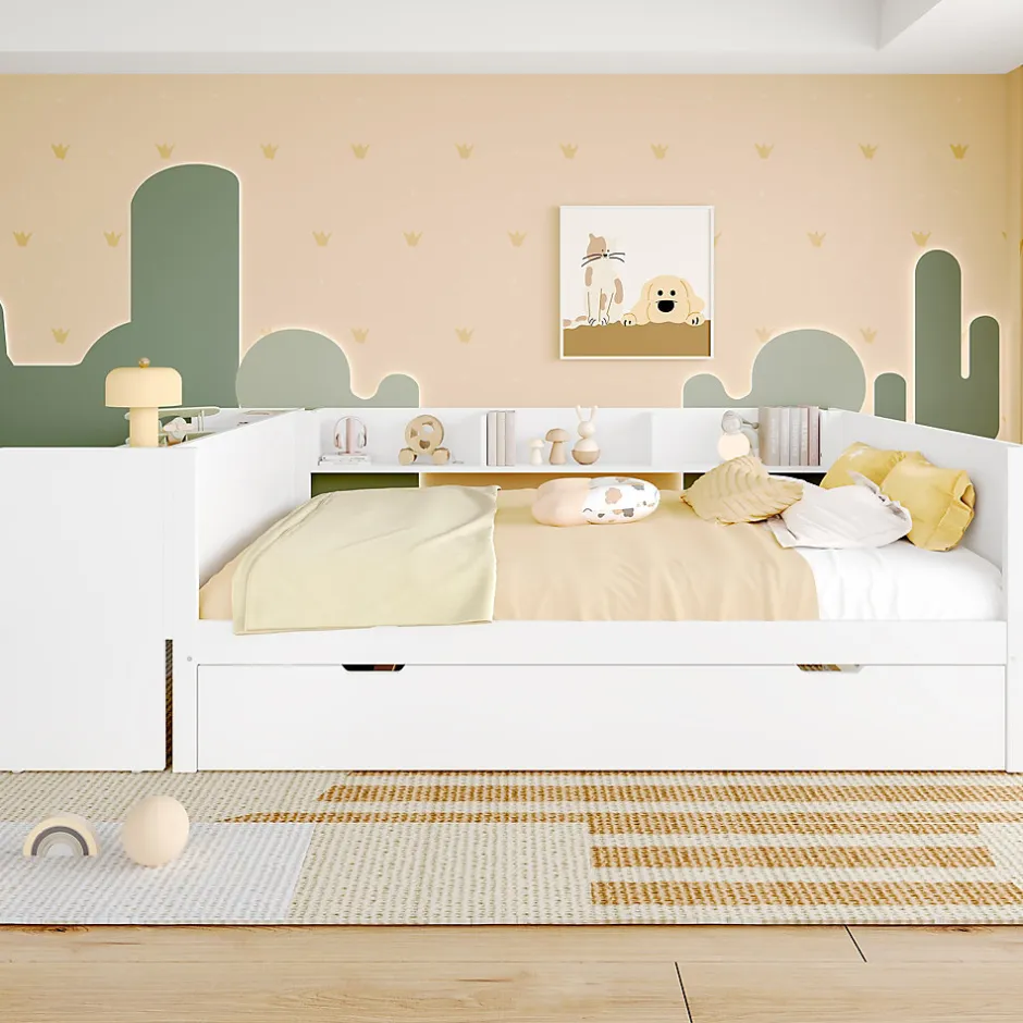 Redom Lit 140x200 cm avec bureau intégré et lit gigogne, structure pin blanc et 3 étagères fonctionnelles