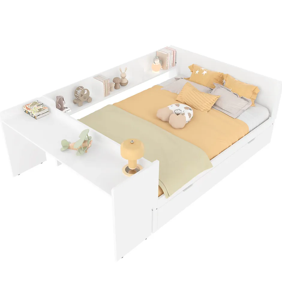 Redom Lit 140x200 cm avec bureau intégré et lit gigogne, structure pin blanc et 3 étagères fonctionnelles