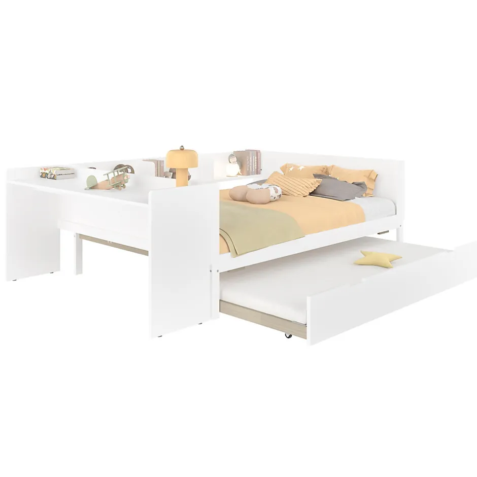 Redom Lit 140x200 cm avec bureau intégré et lit gigogne, structure pin blanc et 3 étagères fonctionnelles