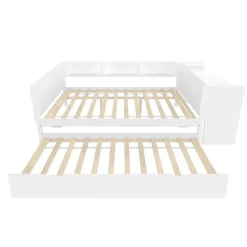 Redom Lit 140x200 cm avec bureau intégré et lit gigogne, structure pin blanc et 3 étagères fonctionnelles