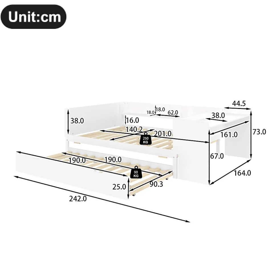 Redom Lit 140x200 cm avec bureau intégré et lit gigogne, structure pin blanc et 3 étagères fonctionnelles