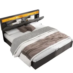 Redom Lit 160x200 cm avec éclairage LED intégré, tête de lit rembourrée en lin gris foncé et cadre métal robuste Clearance