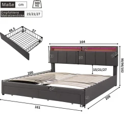 Redom Lit 160x200 cm avec éclairage LED intégré, tête de lit rembourrée en lin gris foncé et cadre métal robuste Clearance