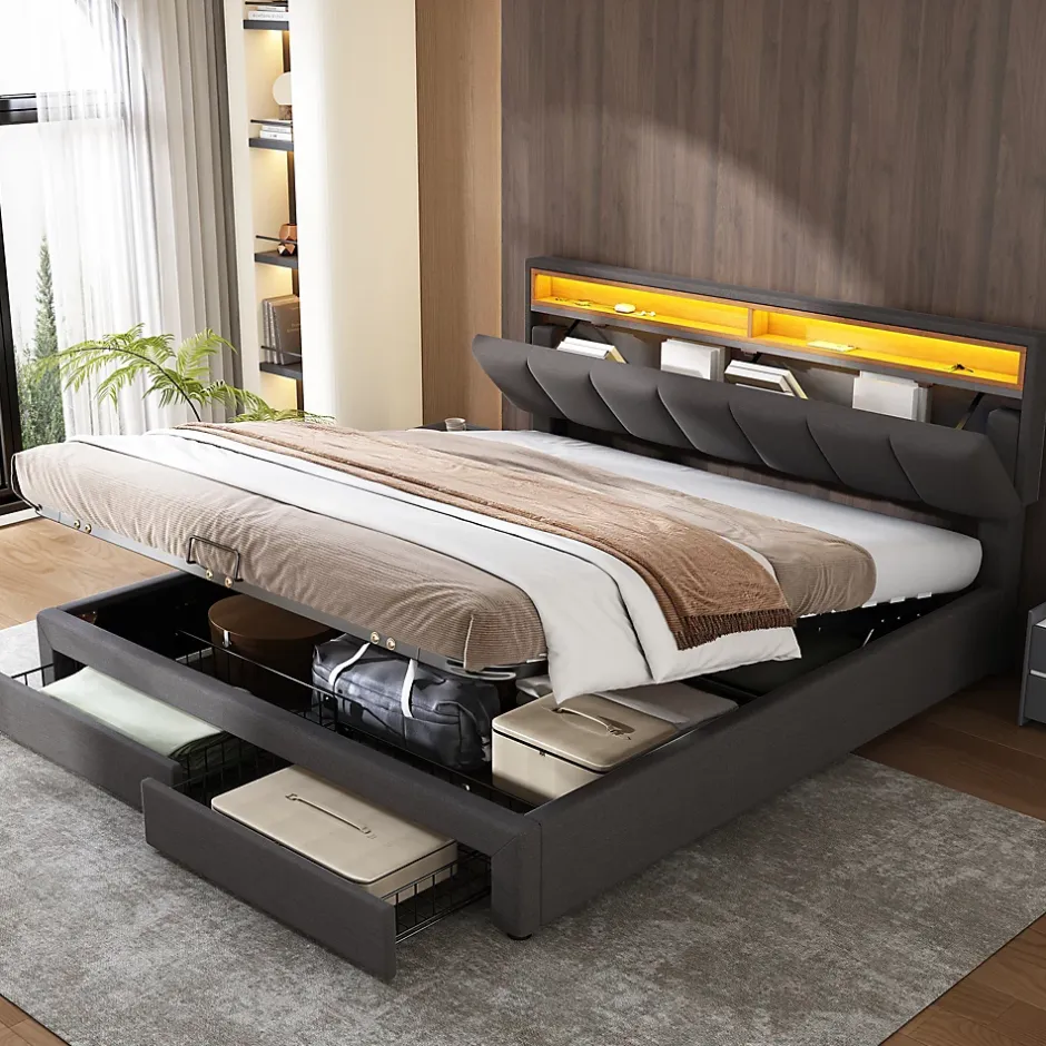 Redom Lit 160x200 cm avec éclairage LED intégré, tête de lit rembourrée en lin gris foncé et cadre métal robuste Clearance