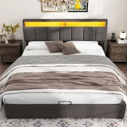 Redom Lit 160x200 cm avec éclairage LED intégré, tête de lit rembourrée en lin gris foncé et cadre métal robuste Clearance