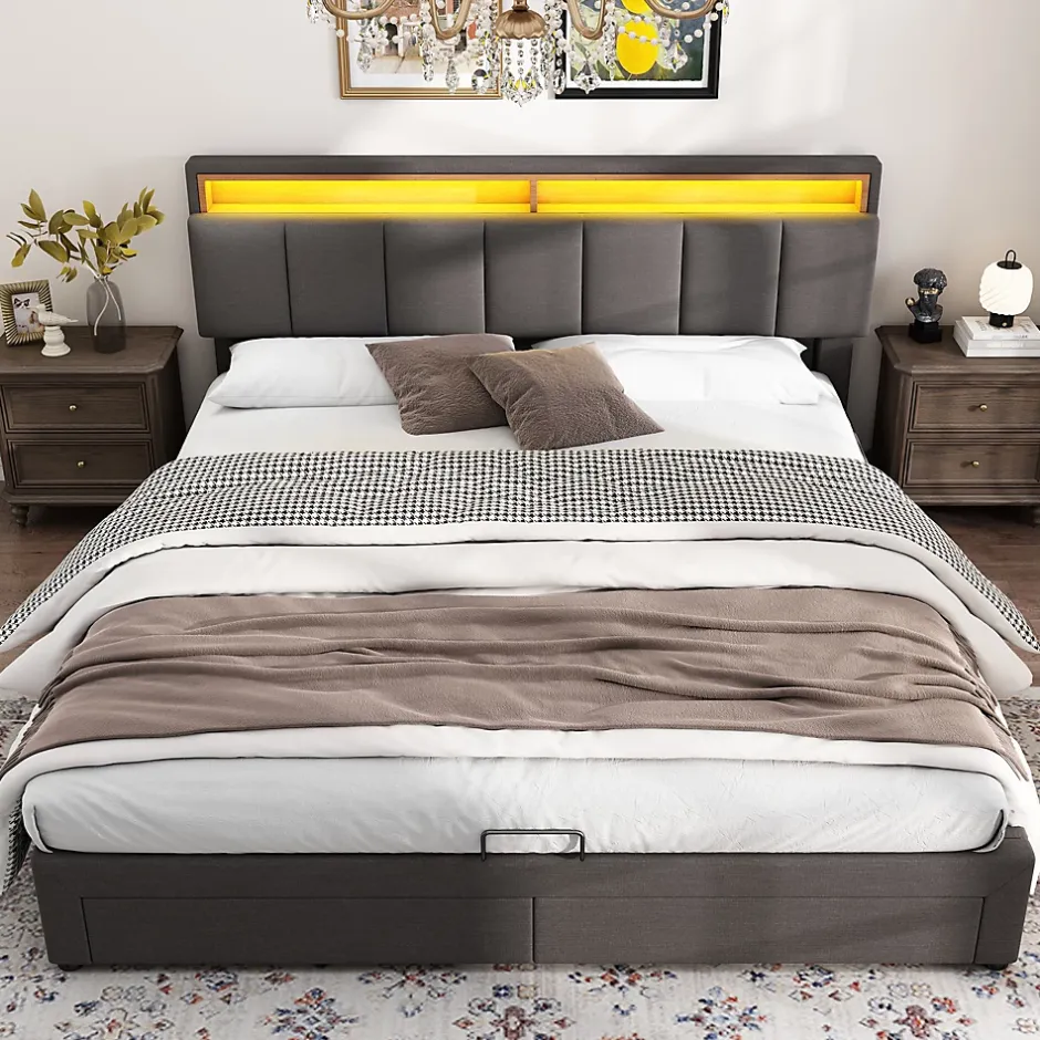 Redom Lit 160x200 cm avec éclairage LED intégré, tête de lit rembourrée en lin gris foncé et cadre métal robuste Clearance