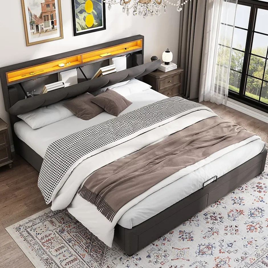 Redom Lit 160x200 cm avec éclairage LED intégré, tête de lit rembourrée en lin gris foncé et cadre métal robuste Clearance