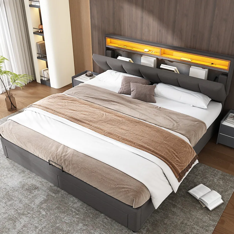 Redom Lit 160x200 cm avec éclairage LED intégré, tête de lit rembourrée en lin gris foncé et cadre métal robuste Clearance