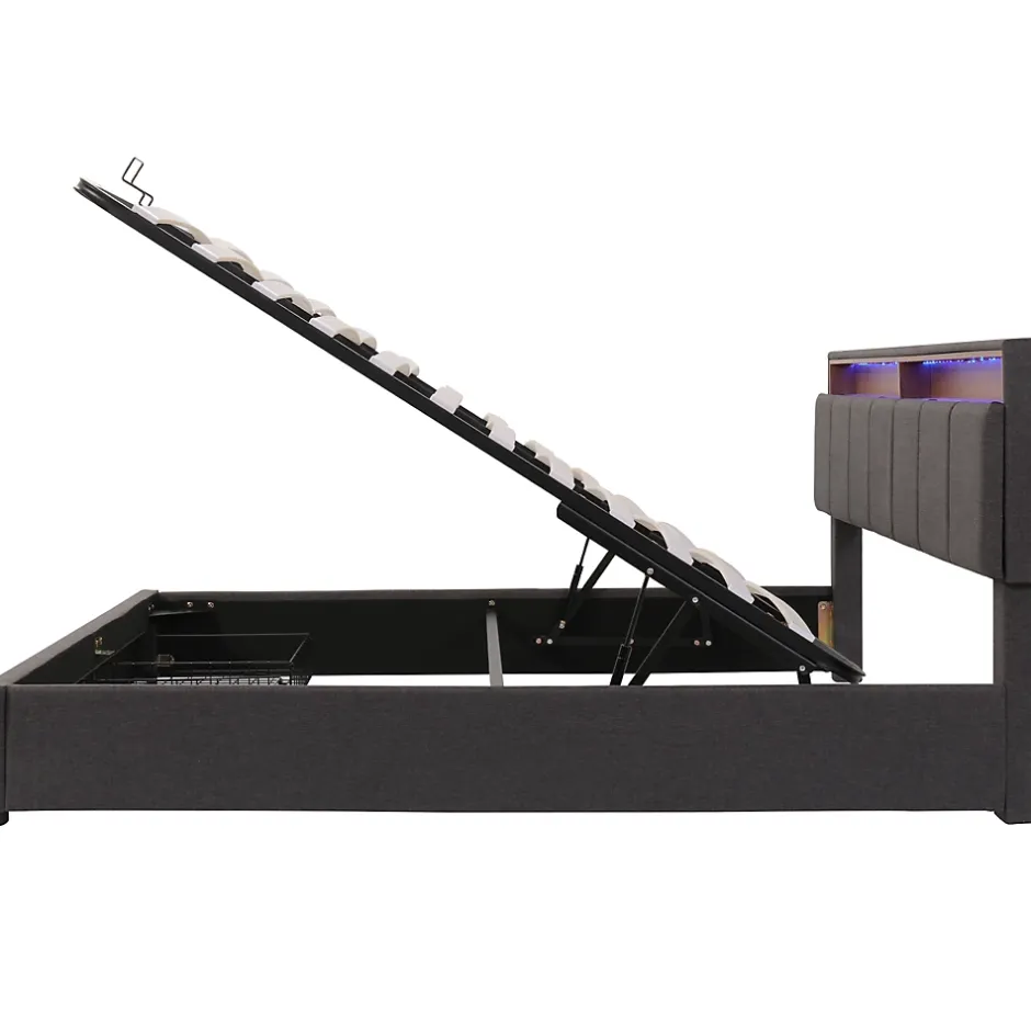Redom Lit 160x200 cm avec éclairage LED intégré, tête de lit rembourrée en lin gris foncé et cadre métal robuste Clearance