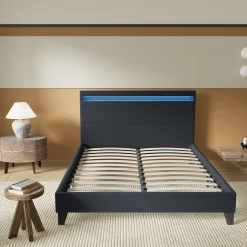 November Lit 140x190 cm avec Éclairage LED Simili Noir Outlet