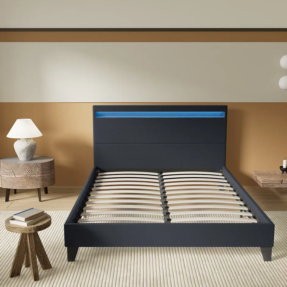 November Lit 140x190 cm avec Éclairage LED Simili Noir Outlet