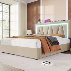 Redom Lit 160x200 cm avec éclairage LED et ports USB Type-C, coffre de rangement intégré, revêtement lin beige
