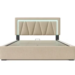 Redom Lit 160x200 cm avec éclairage LED et ports USB Type-C, coffre de rangement intégré, revêtement lin beige