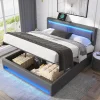 Redom Lit 140x200 cm avec éclairage LED, ports USB rétractables et rangement, revêtement PU effet litchi gris