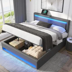 Redom Lit 140x200 cm avec éclairage LED, ports USB rétractables et rangement, revêtement PU effet litchi gris
