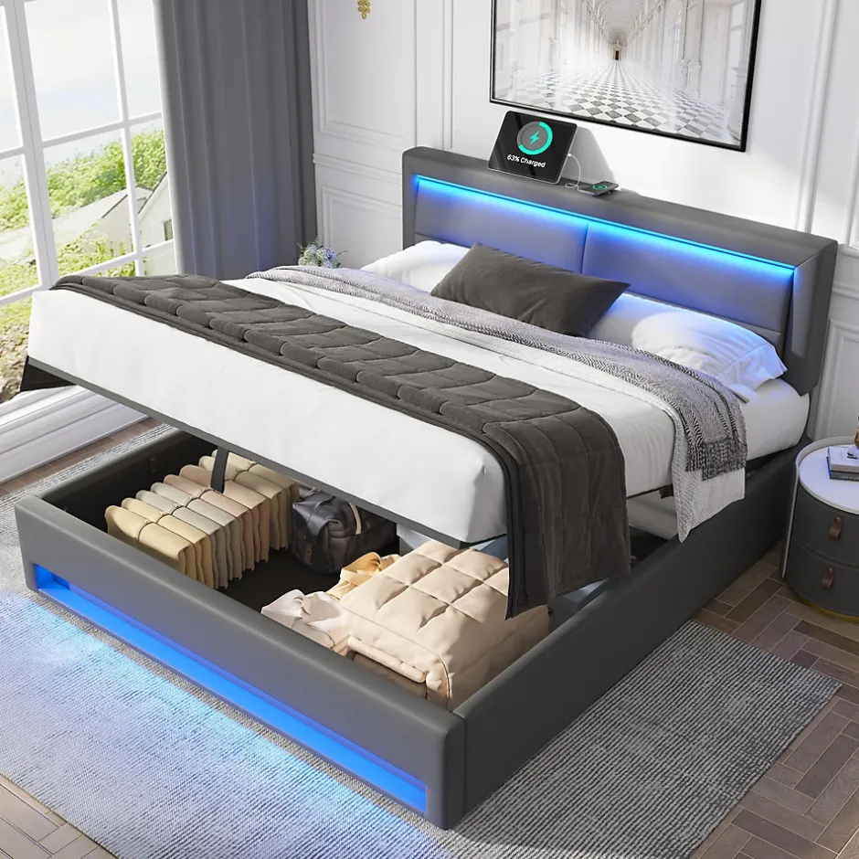 Redom Lit 140x200 cm avec éclairage LED, ports USB rétractables et rangement, revêtement PU effet litchi gris