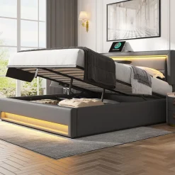 Redom Lit 140x200 cm avec éclairage LED, ports USB rétractables et rangement, revêtement PU effet litchi gris