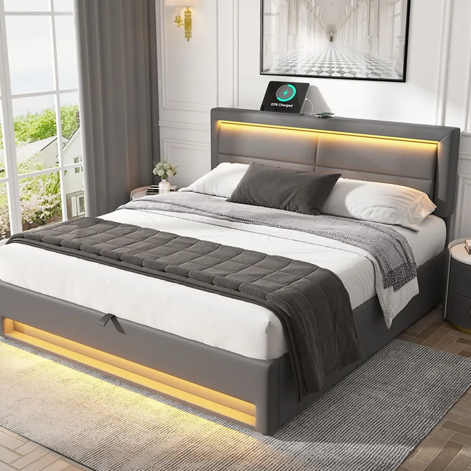 Redom Lit 140x200 cm avec éclairage LED, ports USB rétractables et rangement, revêtement PU effet litchi gris
