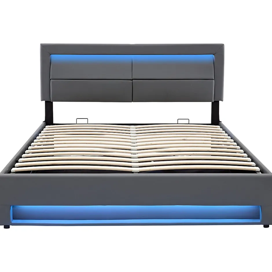 Redom Lit 140x200 cm avec éclairage LED, ports USB rétractables et rangement, revêtement PU effet litchi gris