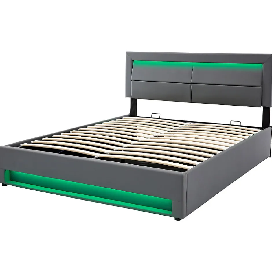 Redom Lit 140x200 cm avec éclairage LED, ports USB rétractables et rangement, revêtement PU effet litchi gris