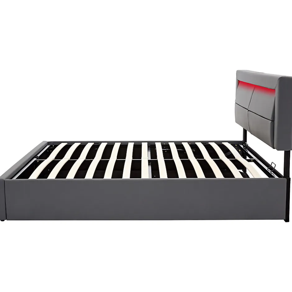 Redom Lit 140x200 cm avec éclairage LED, ports USB rétractables et rangement, revêtement PU effet litchi gris