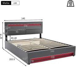 Redom Lit 140x200 cm avec éclairage LED, ports USB rétractables et rangement, revêtement PU effet litchi gris