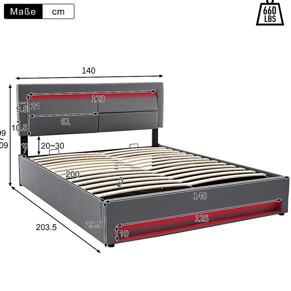 Redom Lit 140x200 cm avec éclairage LED, ports USB rétractables et rangement, revêtement PU effet litchi gris