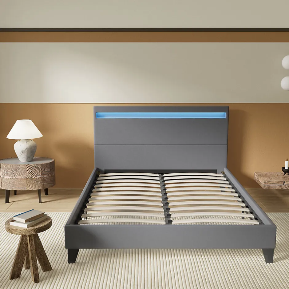 November Lit 140x200 cm avec Éclairage LED Simili Gris