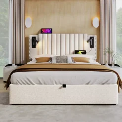 Redom Lit 160x200 cm avec coffre de rangement et tête de lit réglable en tissu beige à rivets, design contemporain Outlet
