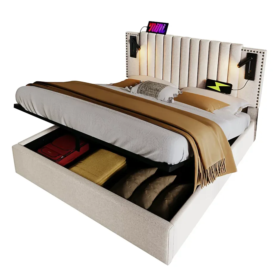 Redom Lit 160x200 cm avec coffre de rangement et tête de lit réglable en tissu beige à rivets, design contemporain Outlet