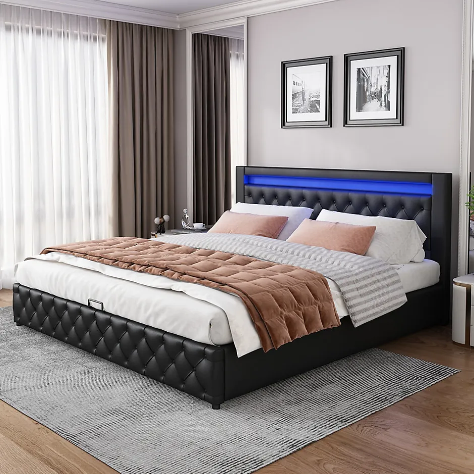 Redom Lit 180x200 cm avec coffre de rangement, tête rembourrée et éclairage LED, tapissé PU noir