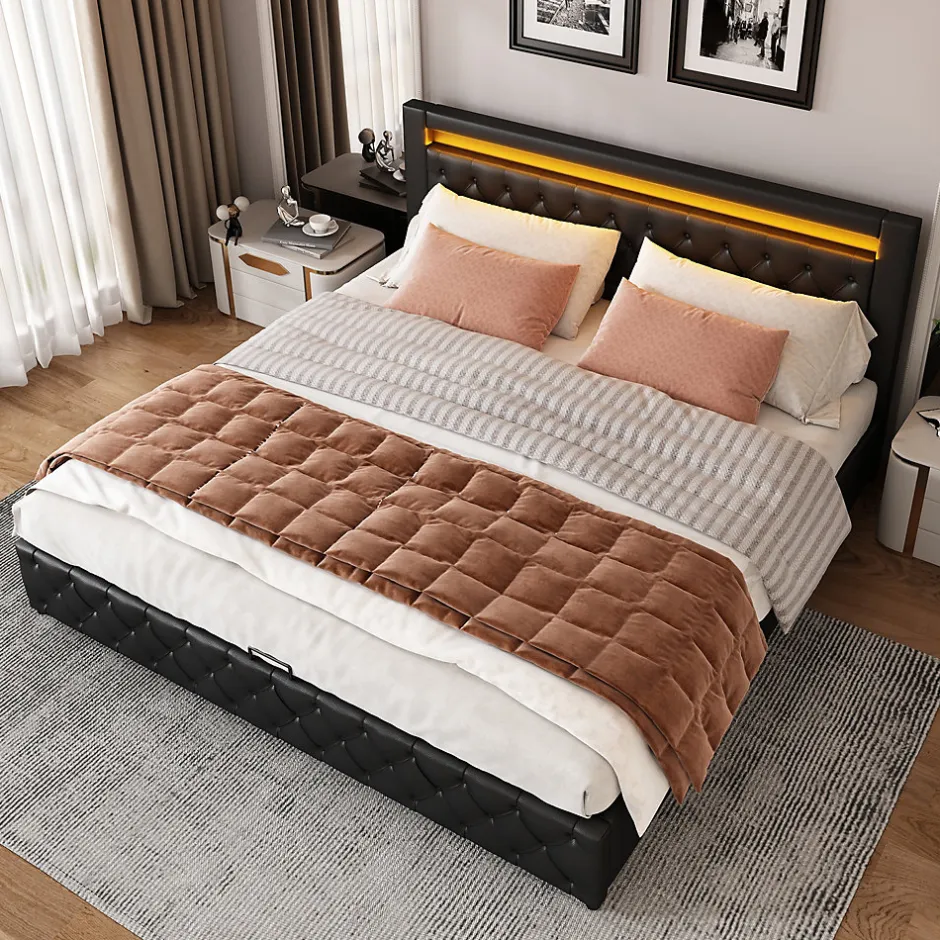 Redom Lit 180x200 cm avec coffre de rangement, tête rembourrée et éclairage LED, tapissé PU noir