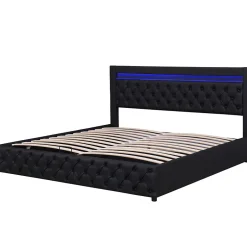 Redom Lit 180x200 cm avec coffre de rangement, tête rembourrée et éclairage LED, tapissé PU noir