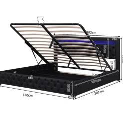 Redom Lit 180x200 cm avec coffre de rangement, tête rembourrée et éclairage LED, tapissé PU noir