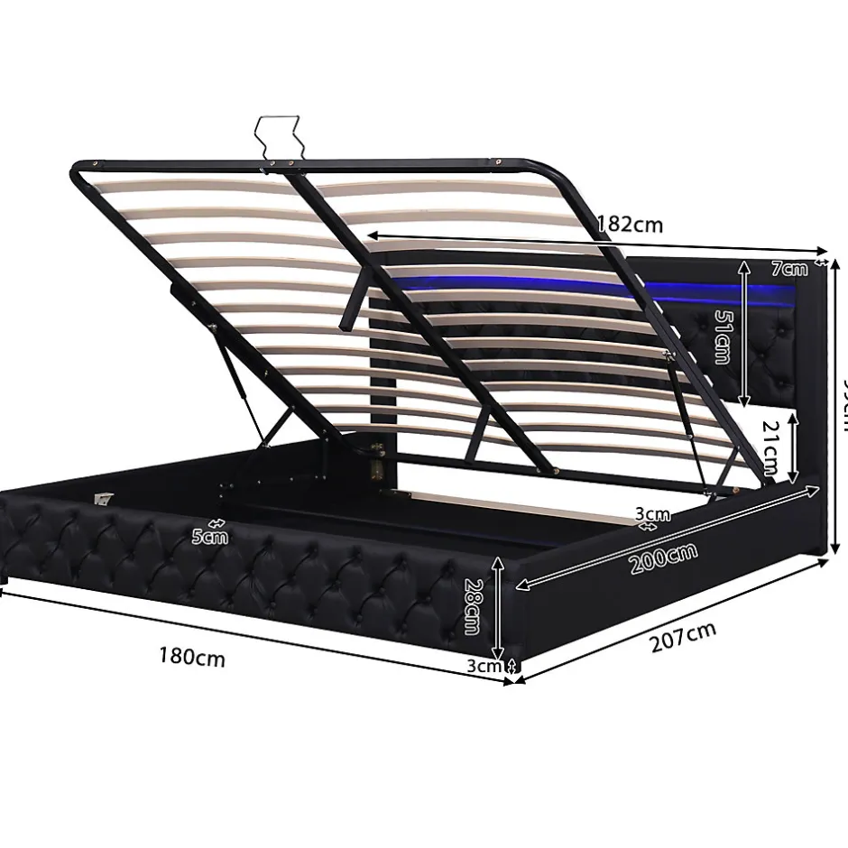 Redom Lit 180x200 cm avec coffre de rangement, tête rembourrée et éclairage LED, tapissé PU noir